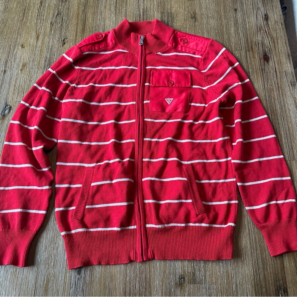 3/27$ Guess Boys Red and White Striped Zip-Up Sweater size L (14-16)
